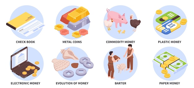 Vecteur gratuit ensemble de huit compositions rondes isolées avec des icônes d'évolution de l'argent isométrique pièces de métal troc et illustration vectorielle de produits de base