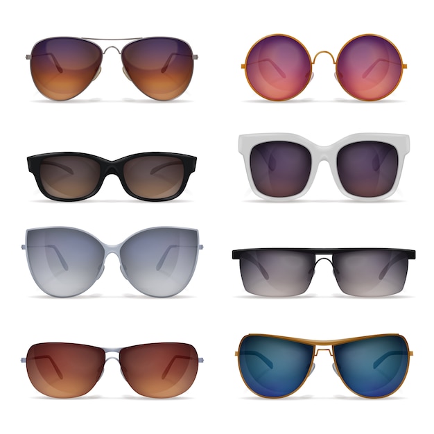 Ensemble de huit images réalistes de lunettes de soleil isolées avec des modèles de lunettes de soleil de forme et de couleur différentes