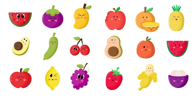 Vecteur gratuit ensemble d'icône de fruits de dessin animé coloré pomme poire fraise orange pêche prune banane pastèque ananas papaye raisins cerise kiwi citron mangue illustration vectorielle