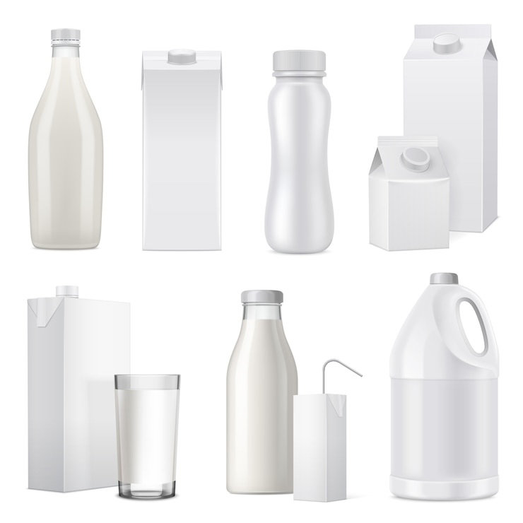 Vecteur gratuit ensemble d'icônes de bouteille de lait réaliste blanc isolé à partir de plastique et de papier en verre