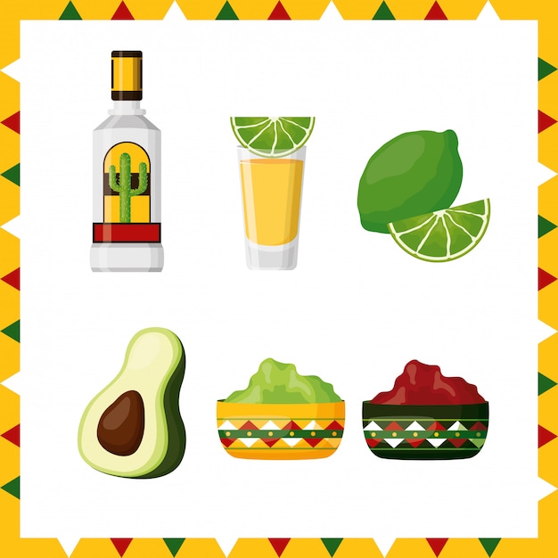 Vecteur gratuit ensemble d'icônes de la culture mexicaine, avocat, citron, tequila et guacamole, illustration