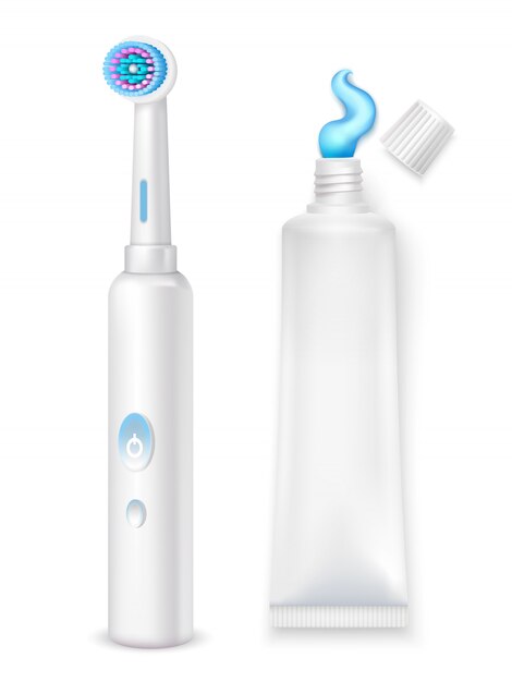 Ensemble d&#39;icônes décoratives d&#39;hygiène de tube de brosse à dents électrique et de dentifrice sur fond blanc dans un style réaliste isolé