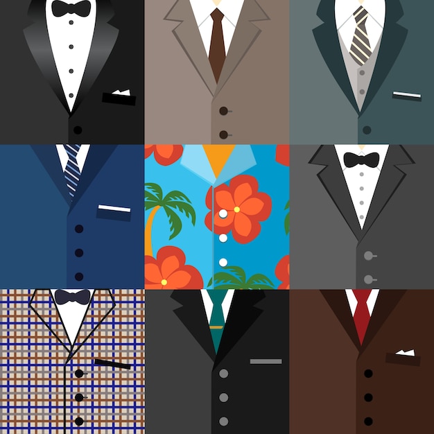 Vecteur gratuit ensemble d'icônes décoratives professionnelles de costumes modernes classiques de smoking de hipster avec des cravates et une illustration vectorielle d'une chemise aloha