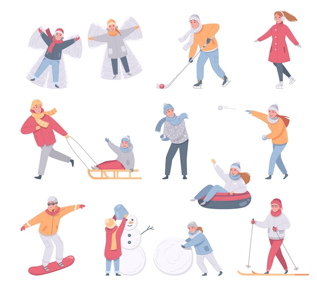 Vecteur gratuit ensemble d'icônes de dessin animé d'activités de loisirs de sports d'hiver isolés avec des personnages humains d'adultes enfants illustration vectorielle