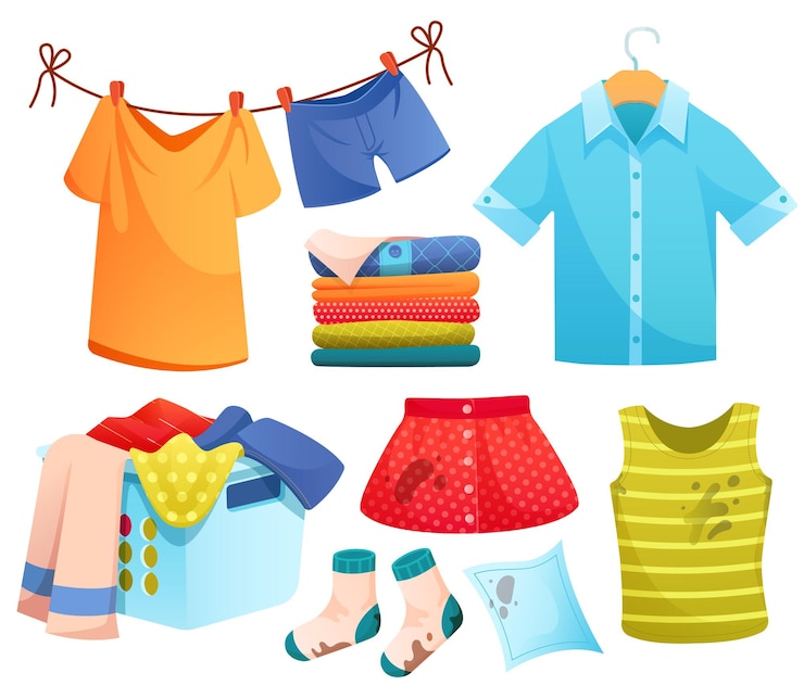 Vecteur gratuit ensemble d'icônes de dessin animé de linge propre et sale vêtements