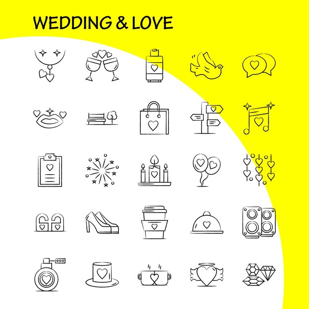 Ensemble d'icônes dessinées à la main de mariage et d'amour pour l'infographie Le kit UXUI mobile et la conception d'impression incluent le presse-papiers Heart Love Text Firework Fire Love Wedding Icon Set Vector