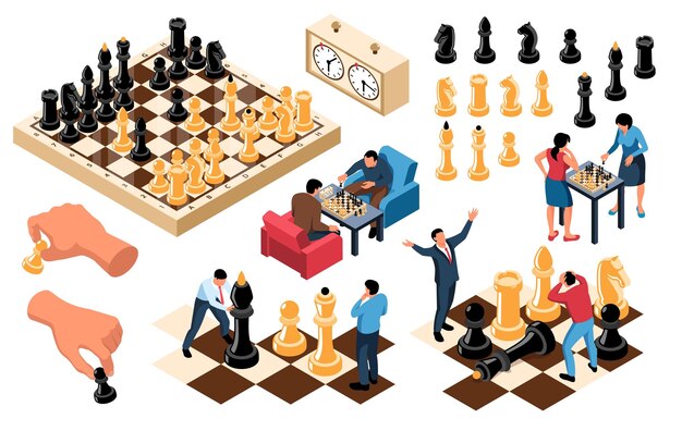 Ensemble d'icônes d'échecs isométriques isolées avec des images de mains humaines tenant des figures et des personnages de joueurs illustration vectorielle