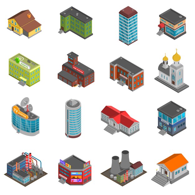 Ensemble d&#39;icônes isométrique de bâtiments de ville
