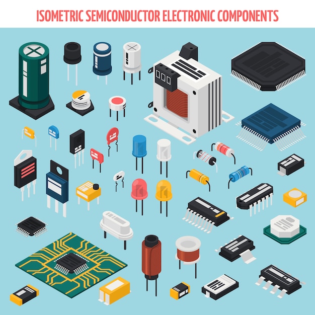 Ensemble d&#39;icônes isométrique de composants électroniques semi-conducteurs
