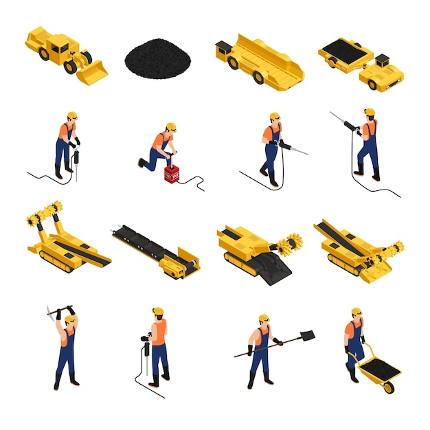 Vecteur gratuit ensemble d'icônes isométriques mineurs de production de charbon avec des outils de travail et des véhicules miniers isolés