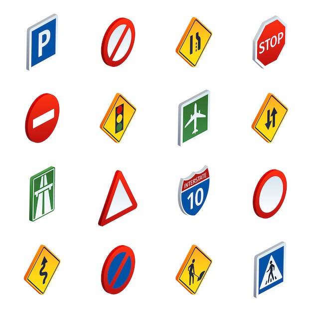 Vecteur gratuit ensemble d'icônes isométriques de la signalisation routière