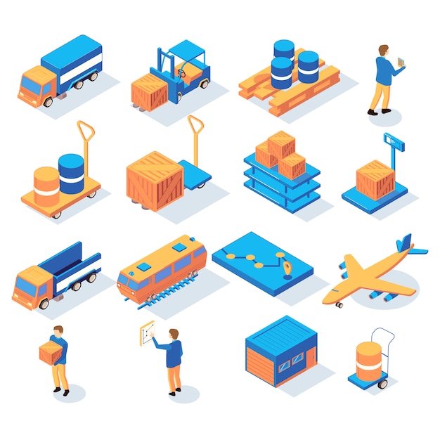 Ensemble D'icônes De Livraison De Logistique Isométrique Avec Des Personnes Et Des Images De Véhicules De Transport Et De Stock Colis Vector Illustration