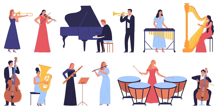 Vecteur gratuit ensemble d'icônes de musiciens d'orchestre