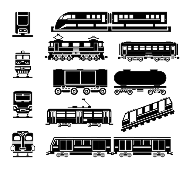 Vecteur gratuit ensemble d'icônes noires de transport urbain de passagers et de chemin de fer public. transport et wagon, transport de passagers, tramway urbain