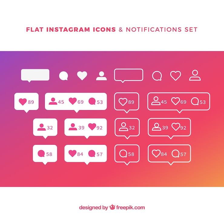 Vecteur gratuit ensemble d&#39;icônes et de notifications instagram plat