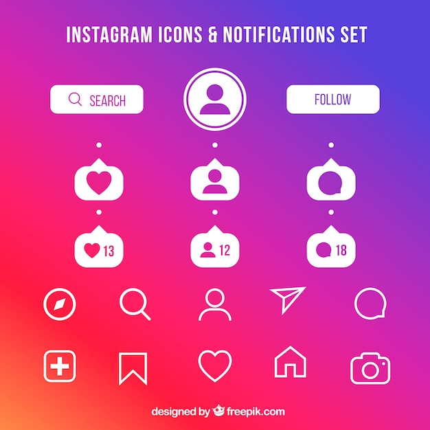 Vecteur gratuit ensemble d'icônes et de notifications instagram plat