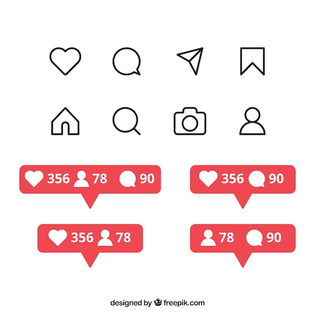 Vecteur gratuit ensemble d'icônes et de notifications instagram plat