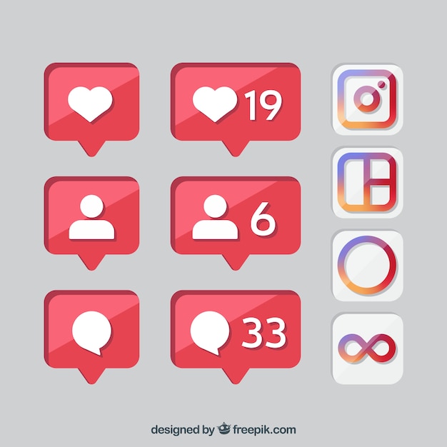 Vecteur gratuit ensemble d'icônes et de notifications instagram plat