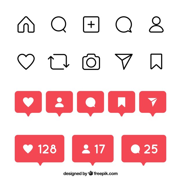 Ensemble d&#39;icônes et de notifications instagram plat