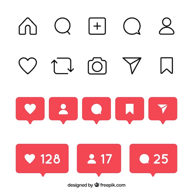 Ensemble d&#39;icônes et de notifications instagram plat