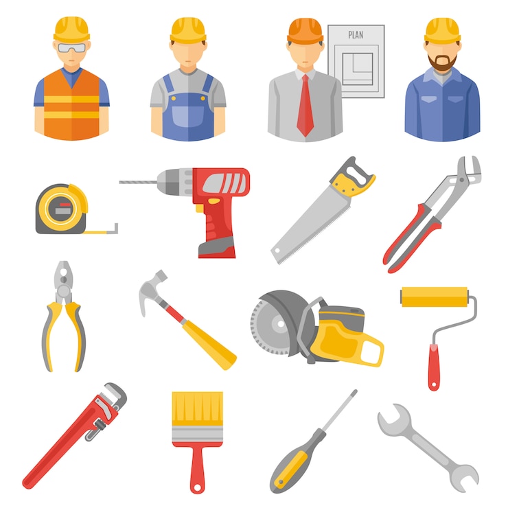 Vecteur gratuit ensemble d&#39;icônes plat travailleurs travailleurs de la construction