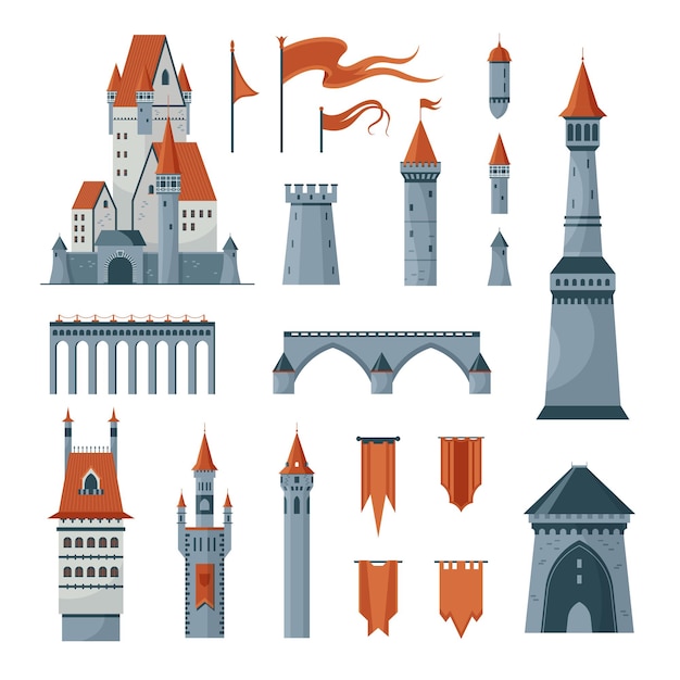 Vecteur gratuit ensemble d'icônes plates de drapeaux de tours de château médiéval isolés sur fond blanc illustration