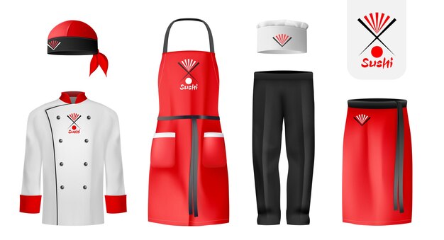 Ensemble d'icônes de sushi de vêtements culinaires réalistes mens tunique pantalon tablier foulard et serviette d'illustration vectorielle de chef de sushi