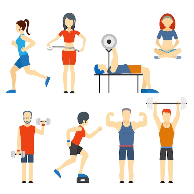 Ensemble d'icônes vectorielles colorées de personnes exerçant à la gym et les icônes de remise en forme avec musculation musculation course jogging yoga et mesure de la perte de poids