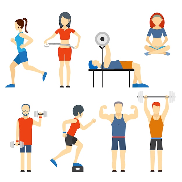 Vecteur gratuit ensemble d'icônes vectorielles colorées de personnes exerçant à la gym et les icônes de remise en forme avec musculation musculation course jogging yoga et mesure de la perte de poids