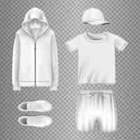 Vecteur gratuit ensemble d'icônes vectorielles réalistes ensemble de maquettes de vêtements de sport sweat à capuche blanc t-shirt short casquette et snea