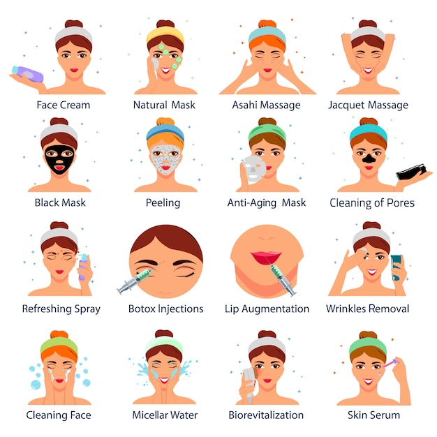 Vecteur gratuit ensemble d'icônes avec des visages féminins au cours des procédures cosmétiques