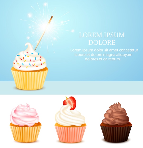 Vecteur gratuit ensemble d'illustration anniversaire cupcake