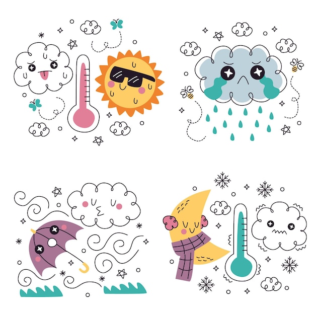 Vecteur gratuit ensemble d'illustration d'autocollants météo dessinés à la main doodle