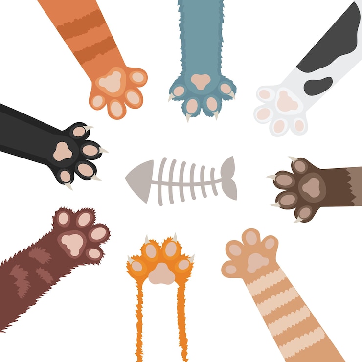 Vecteur gratuit ensemble d'illustration de dessin animé de patte de chats. pied d'animal domestique
