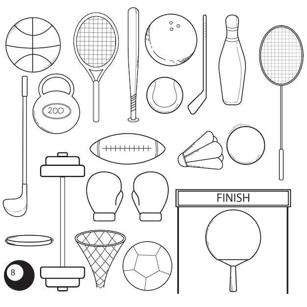 Vecteur gratuit ensemble d'illustration de doodle de sport d'équipement