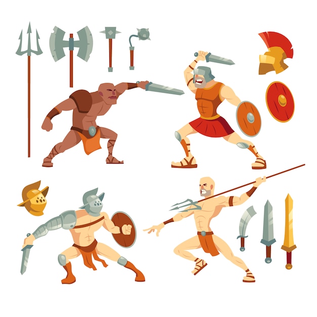 Vecteur gratuit ensemble d'illustration de gladiateurs et d'armes