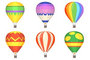 Vecteur gratuit ensemble d'illustration plat montgolfières. ballons colorés de dessin animé avec des paniers isolés collection d'illustration vectorielle. concept de vol, ciel et été