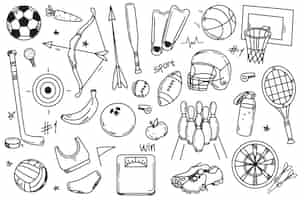 Vecteur gratuit ensemble d'illustration vectorielle dessinés à la main d'icônes de sport doodle équipements sportifs et accessoires avec des balles