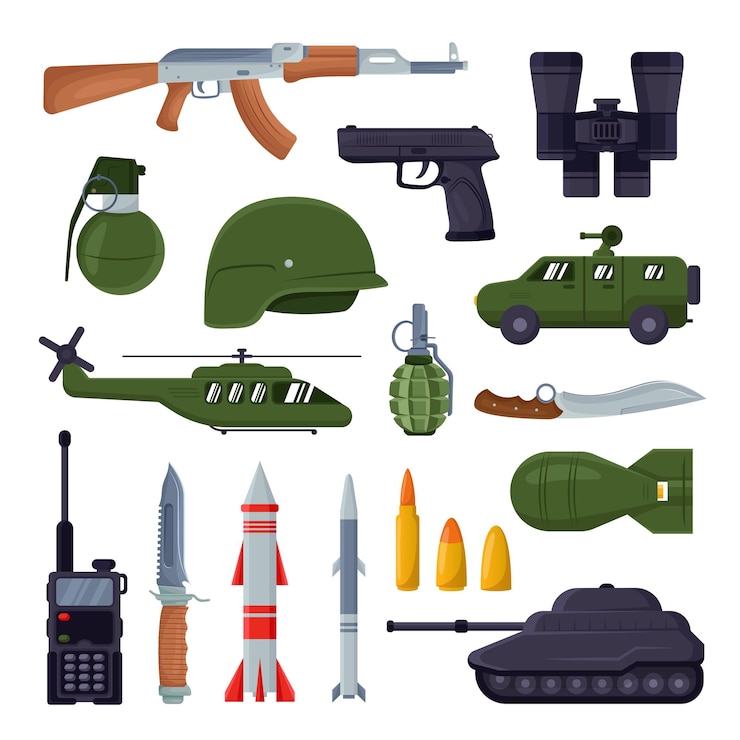 Vecteur gratuit ensemble d'illustrations d'armes de l'armée. équipement militaire. images vectorielles de missile, char, lanceur, fusée dans un style plat. guerre, concept de bataille