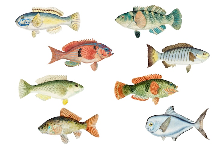 Vecteur gratuit ensemble d'illustrations colorées d'animaux marins vectoriels de dessin de poisson vintage
