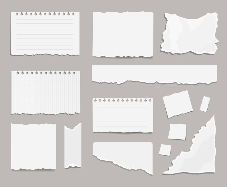 Vecteur gratuit ensemble d'illustrations de dessin animé de morceaux de papier blanc déchiré. morceaux carrés en lambeaux de feuilles de cahier. notes ou mémo vides déchirés, papier à lettres vierge endommagé avec bords déchiquetés. concept d'album