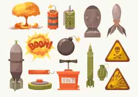 Vecteur gratuit ensemble d'illustrations de dessins animés d'armes mortelles explosives. bombe, mine, tnt, grenade à main, missile, pack de dynamite, pétard, signe de danger avec crâne. équipement militaire, armée, guerre, concept de menace