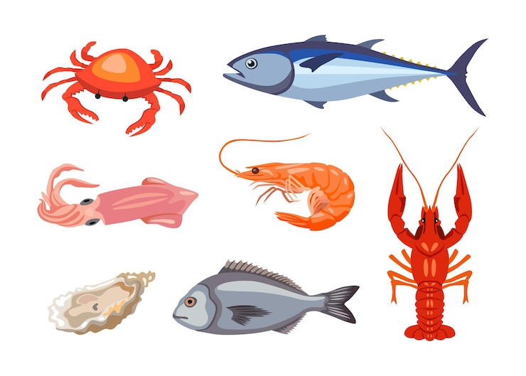 Vecteur gratuit ensemble d'illustrations de dessins animés de différents fruits de mer ou animaux marins. crabe, homard, huître, poisson, thon, crevette, moule, saumon et écrevisse isolés sur fond blanc. notion de cuisine gastronomique