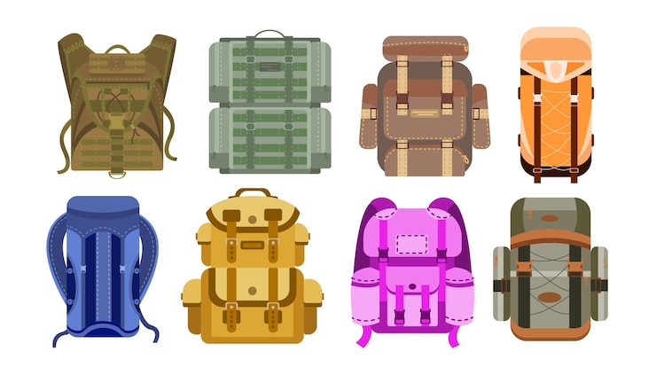 Vecteur gratuit ensemble d'illustrations de dessins animés de divers sacs à dos de camping et de randonnée. sacs, sac à dos, packs, étui pour voyage, voyage, aventure et voyage isolés sur fond blanc. bagages, concept de bagage à main