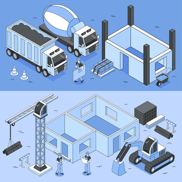 Vecteur gratuit ensemble d'illustrations horizontales de chantiers de construction avec des machines et des personnages humains