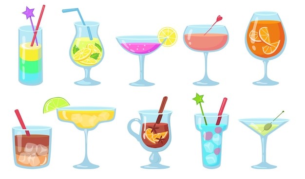 Ensemble D'illustrations Plat Créatif De Cocktails Alcoolisés Populaires