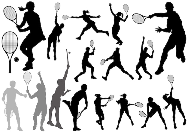 Vecteur gratuit ensemble d'illustrations de silhouette de joueurs de tennis vectoriels isolés sur fond blanc.