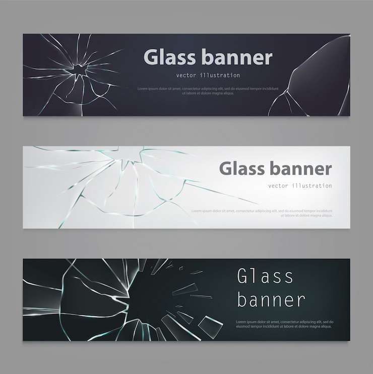Vecteur gratuit ensemble d'illustrations vectorielles de banderoles en verre cassé, verre fissuré.