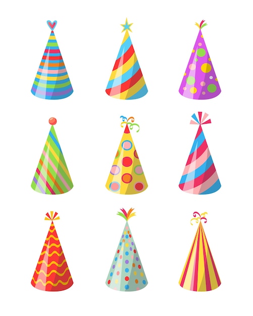 Ensemble d'illustrations vectorielles de chapeaux de fête en papier différents. Collection de casquettes colorées pour anniversaire, carnaval, anniversaire, Noël pour enfants isolés sur fond blanc. Vacances, concept de célébration