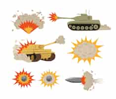 Vecteur gratuit ensemble d'illustrations vectorielles de chars de tir et d'explosions. collection de dessins animés d'explosions de bombes, d'incendies, de nuages de fumée après l'éclatement, de balles d'armes à feu sur fond blanc. guerre, concept d'armement